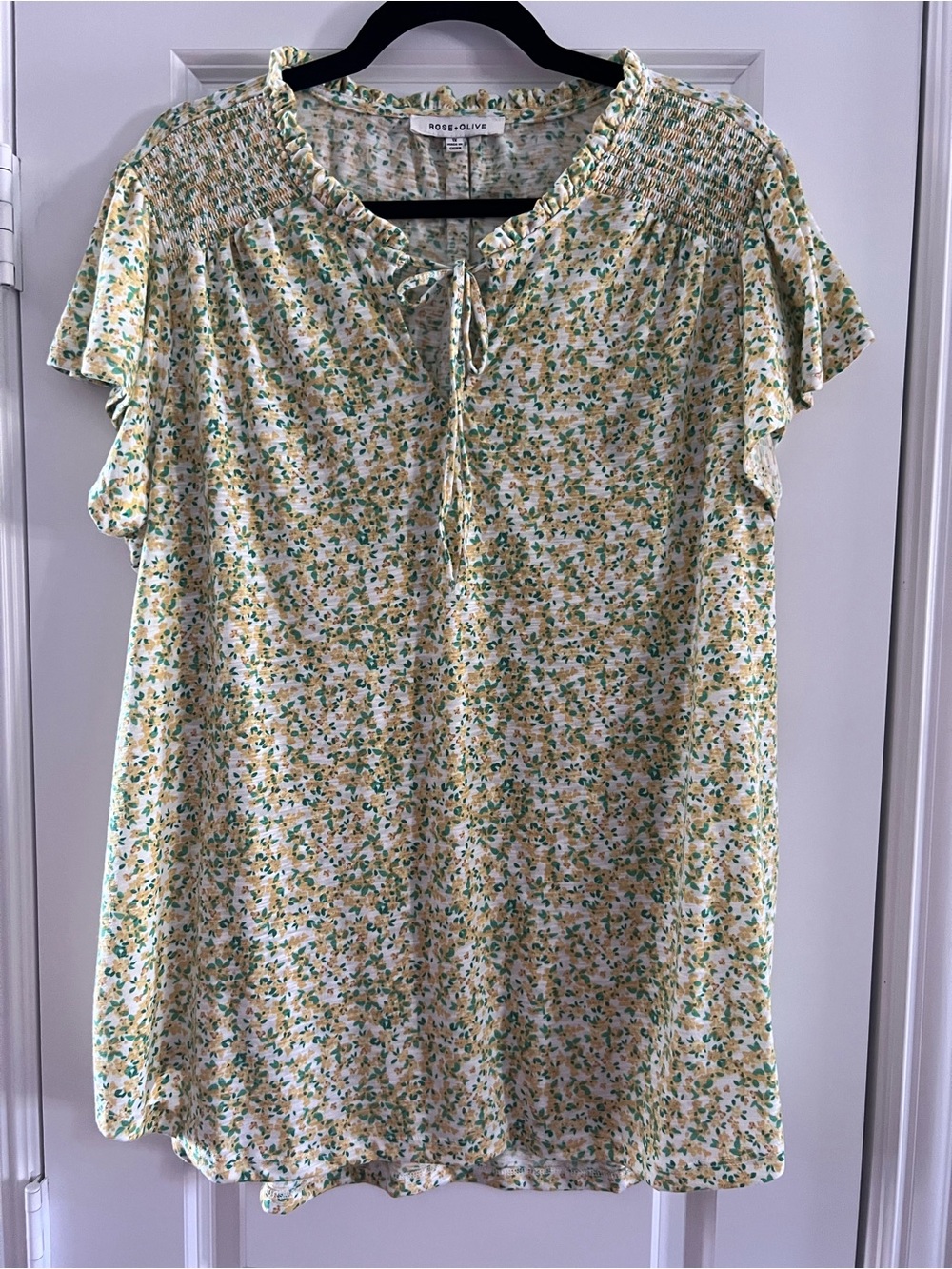 Rose & Olive Yellow Floral Tie-Neck Women's Top with Flutter Sleeves